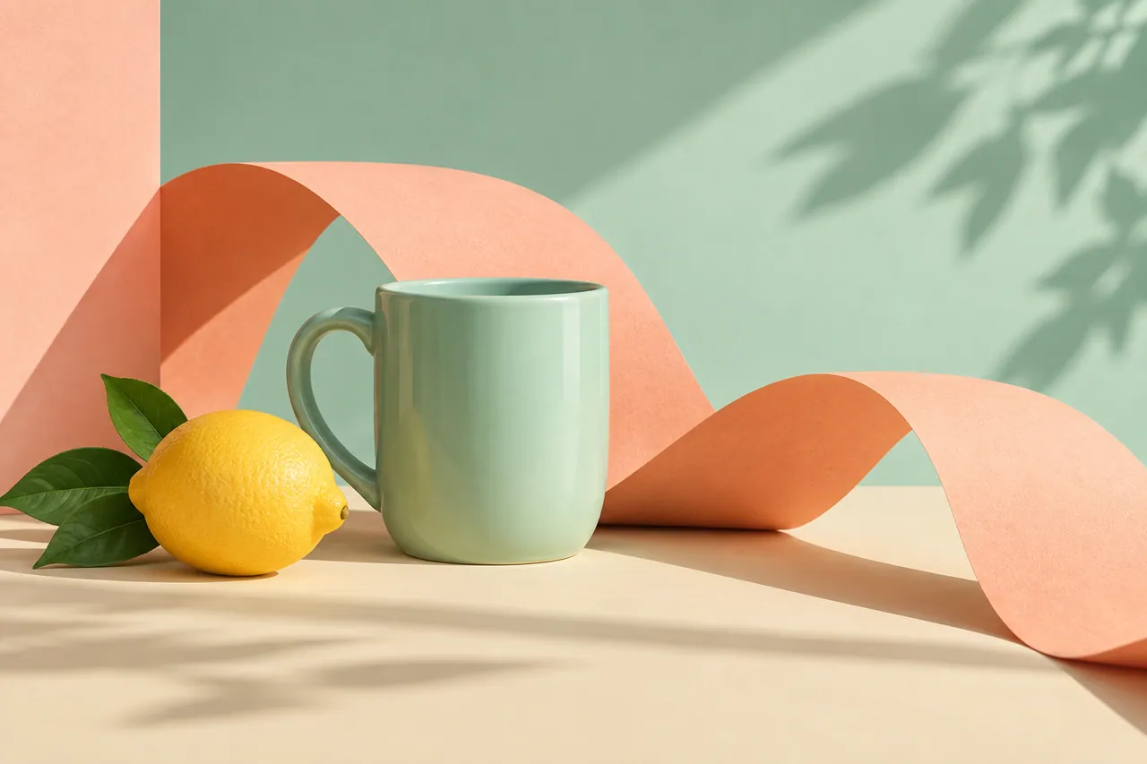A mint ceramic mug beside a lemon and sculptural peach-colored paper ribbon.