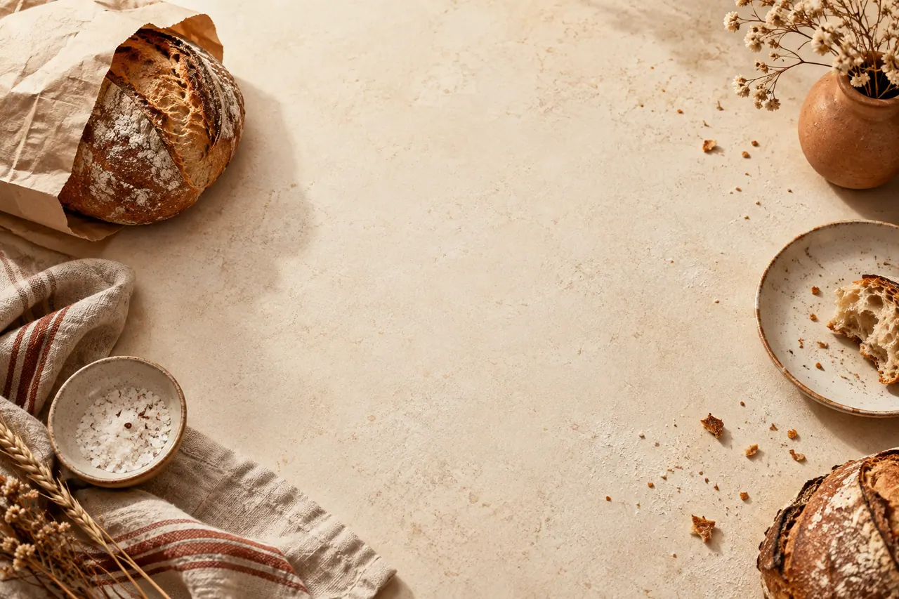 An elegant overhead bakery design background: a folded cream paper bag.